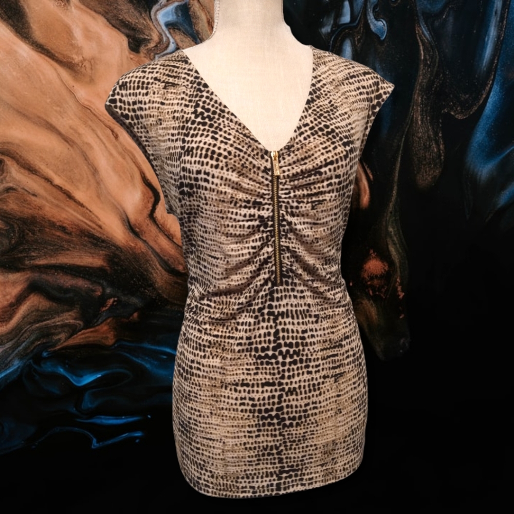 Calvin Klein Animal Print Leopard Sexy Zippered Cap Sleeve Blouse Sz Med